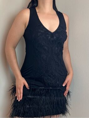 Y2K Guess by Marciano black feather trim drop waist dress // Size M